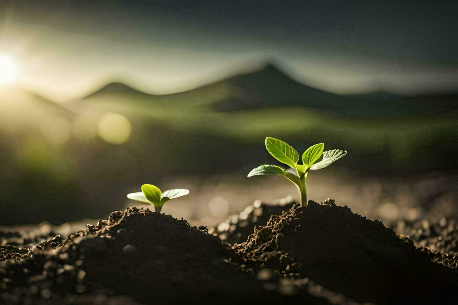 two young plants growing in the dirt. AI-Generated photo