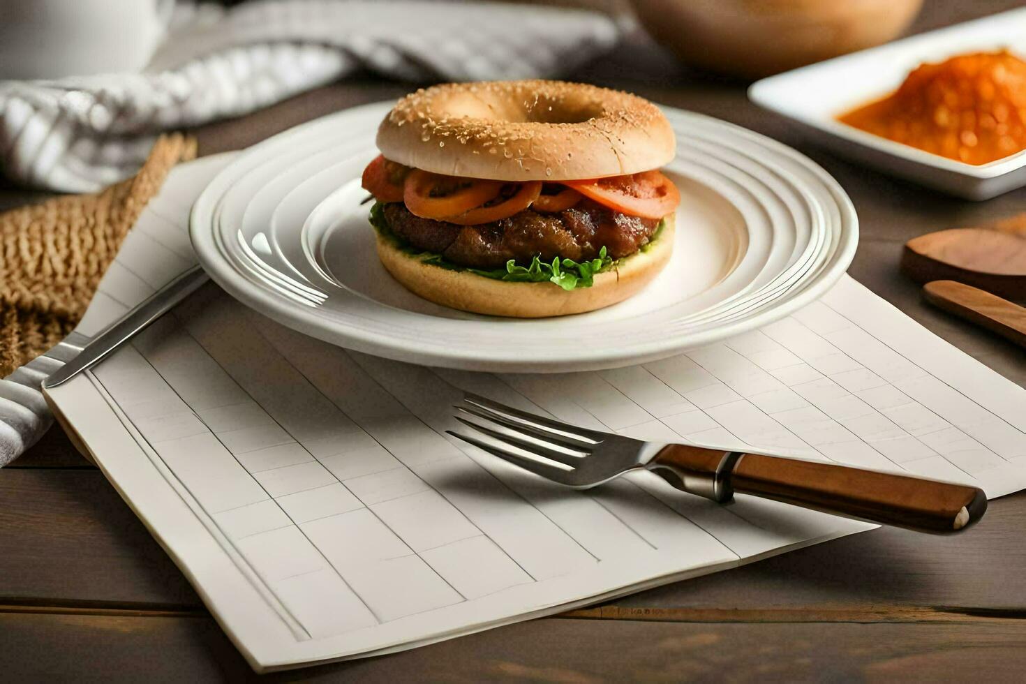 a bagel with meat and vegetables on a plate. AI-Generated photo