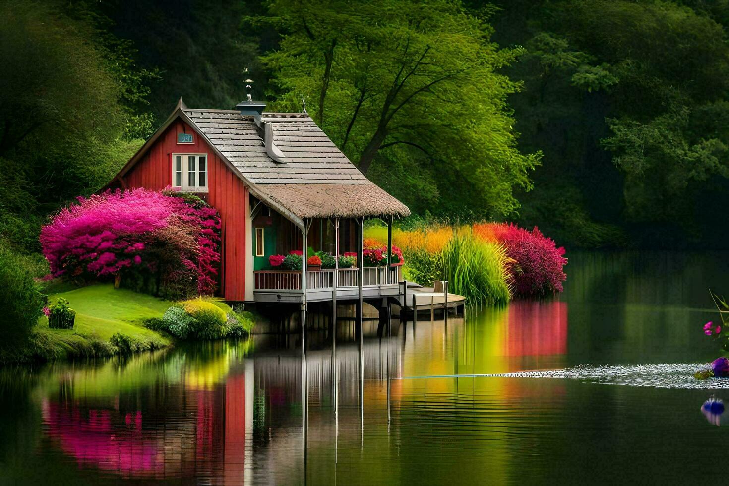 a small red house sits on the side of a lake. AI-Generated photo