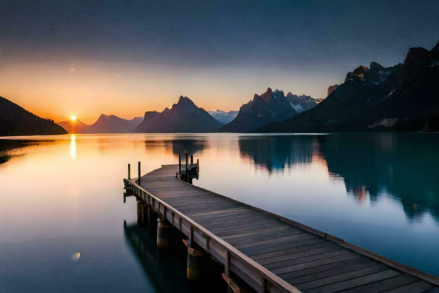 a wooden pier in the middle of a lake at sunset. AI-Generated photo