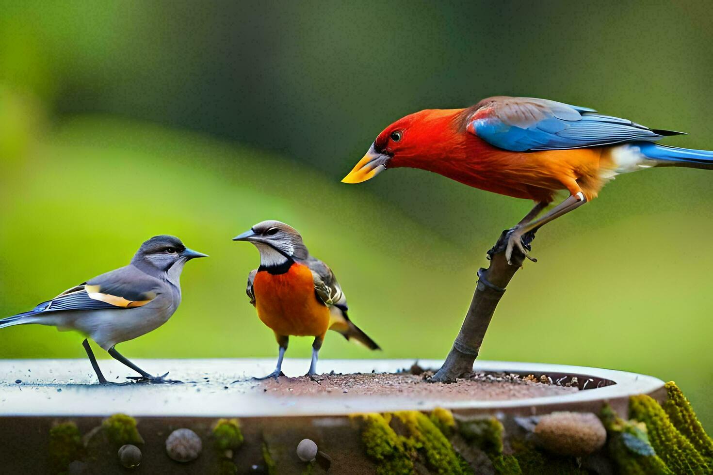 three colorful birds standing on a bird feeder. AI-Generated photo