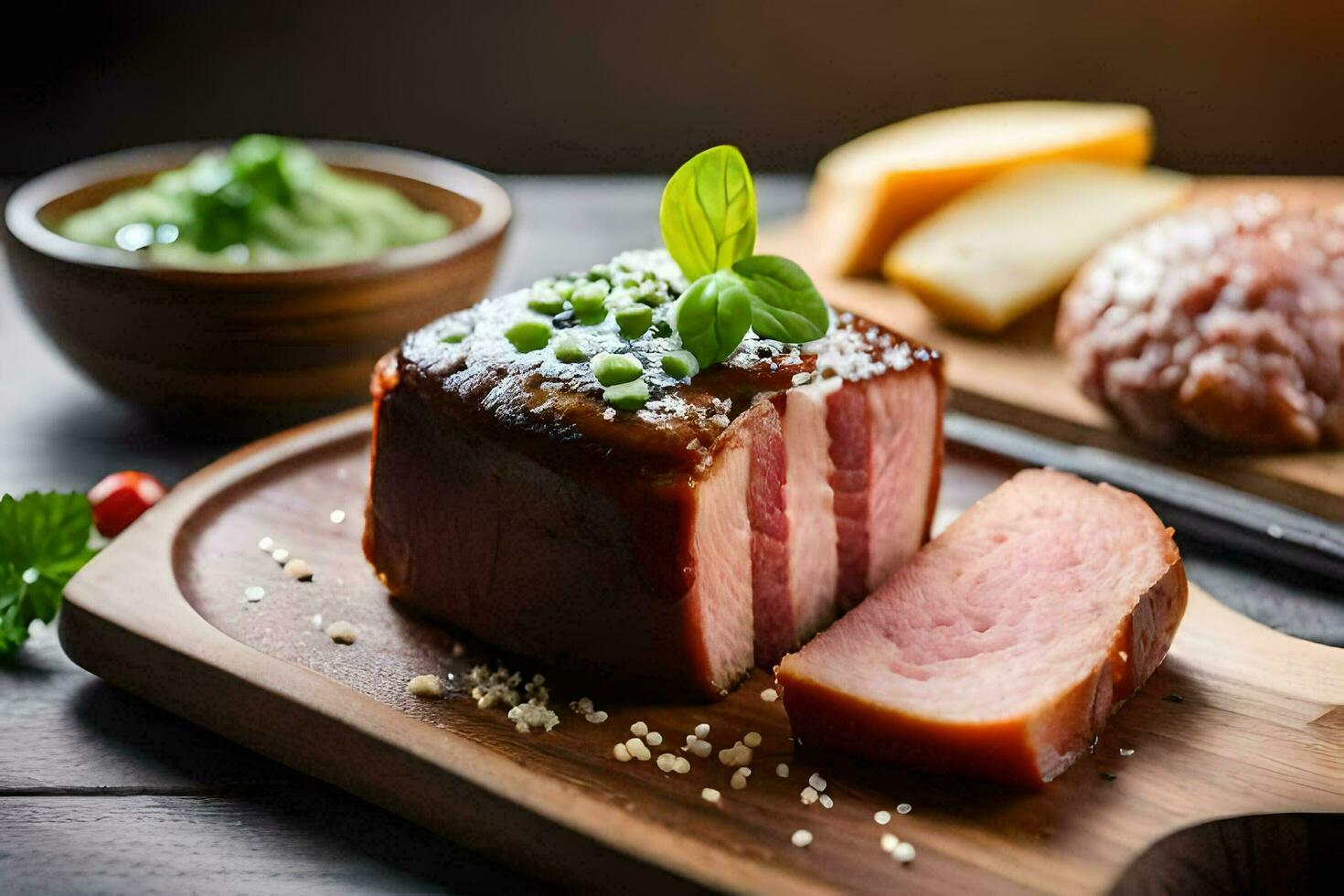 un pedazo de jamón en un corte tablero con otro alimento. generado por ai foto