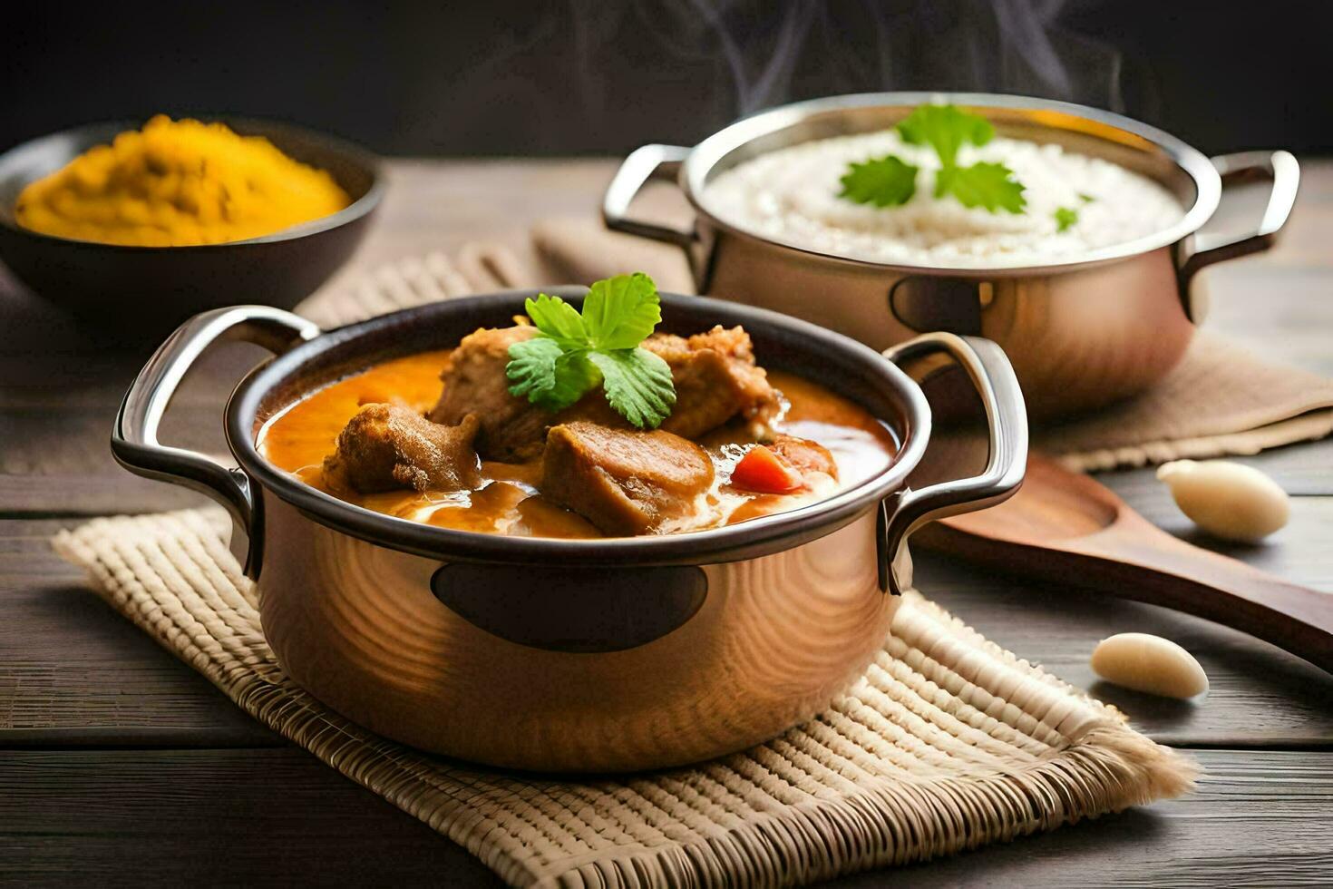 indian food in a copper pot. AI-Generated photo