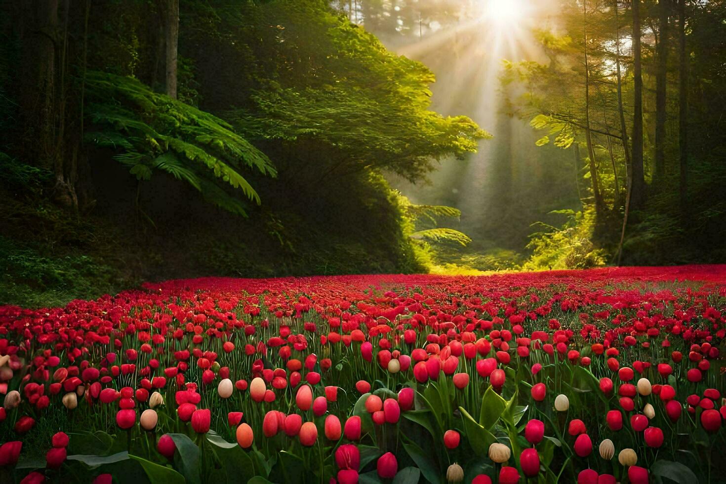 un campo de rojo tulipanes en el bosque. generado por ai foto