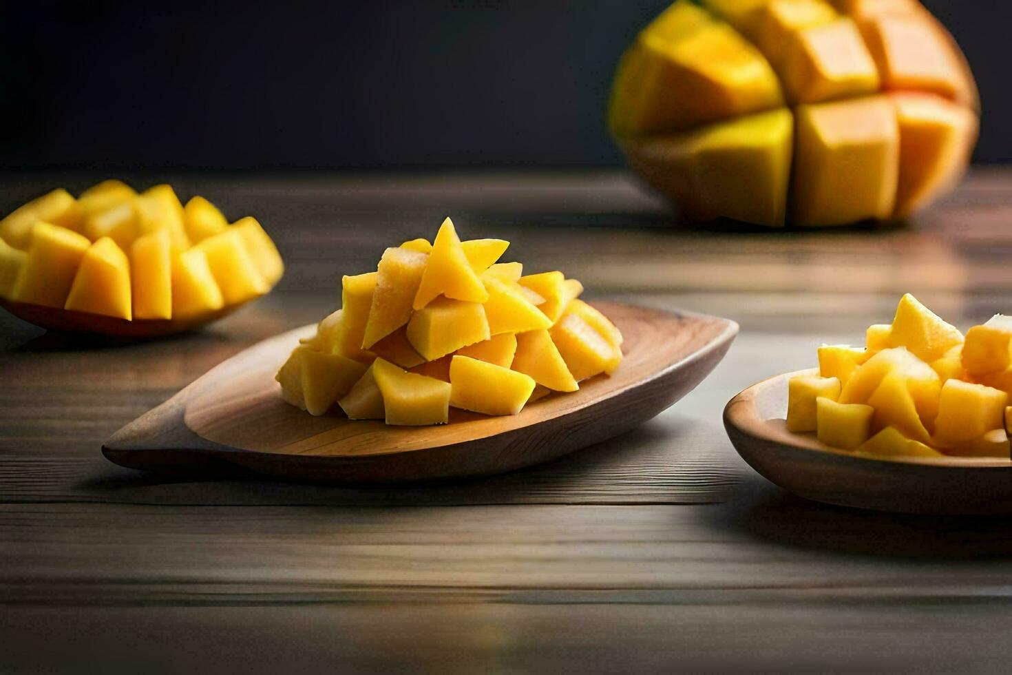 mango slices on wooden bowls with a wooden spoon. AI-Generated photo