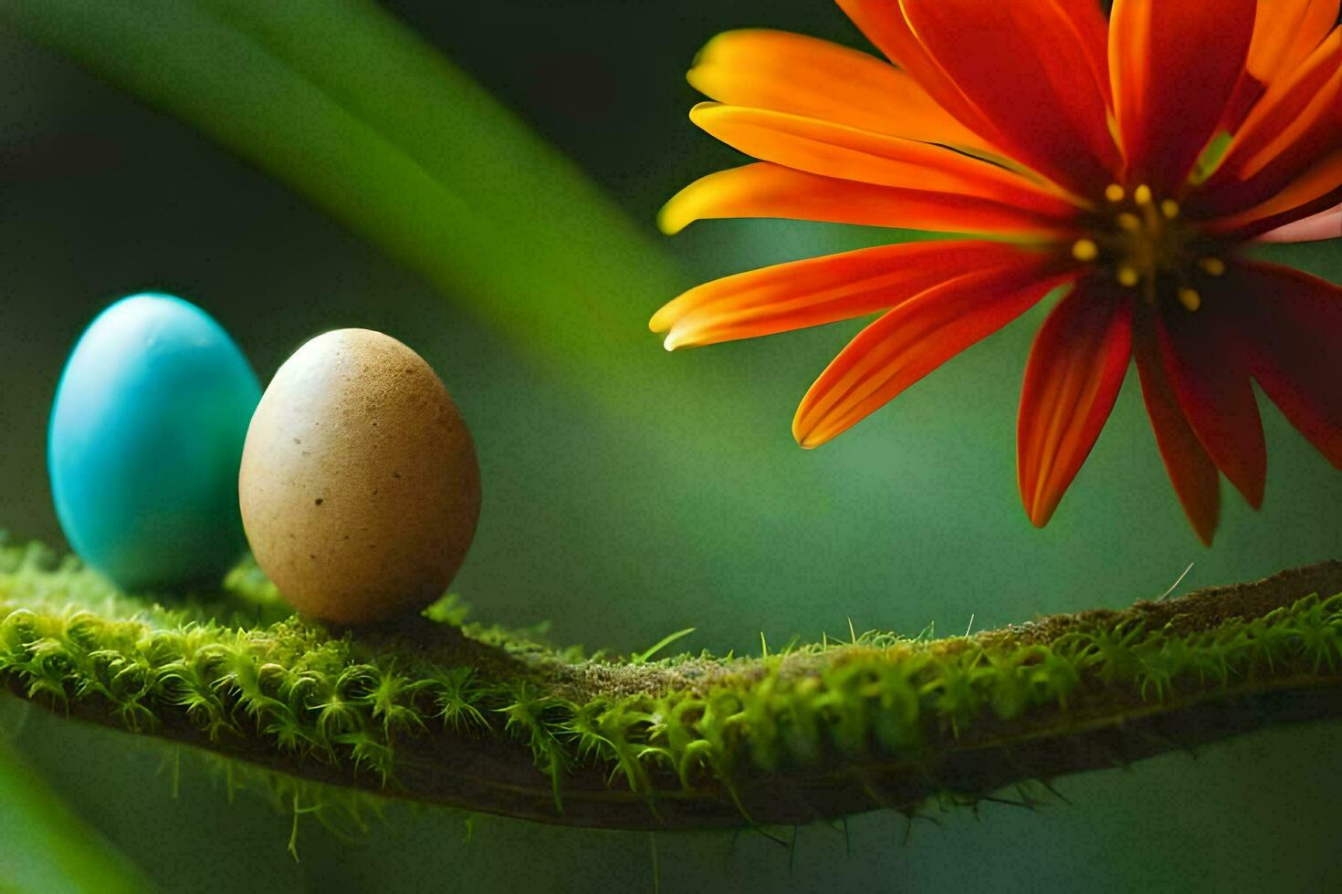 two colorful eggs sit on a branch with a flower. AI-Generated photo