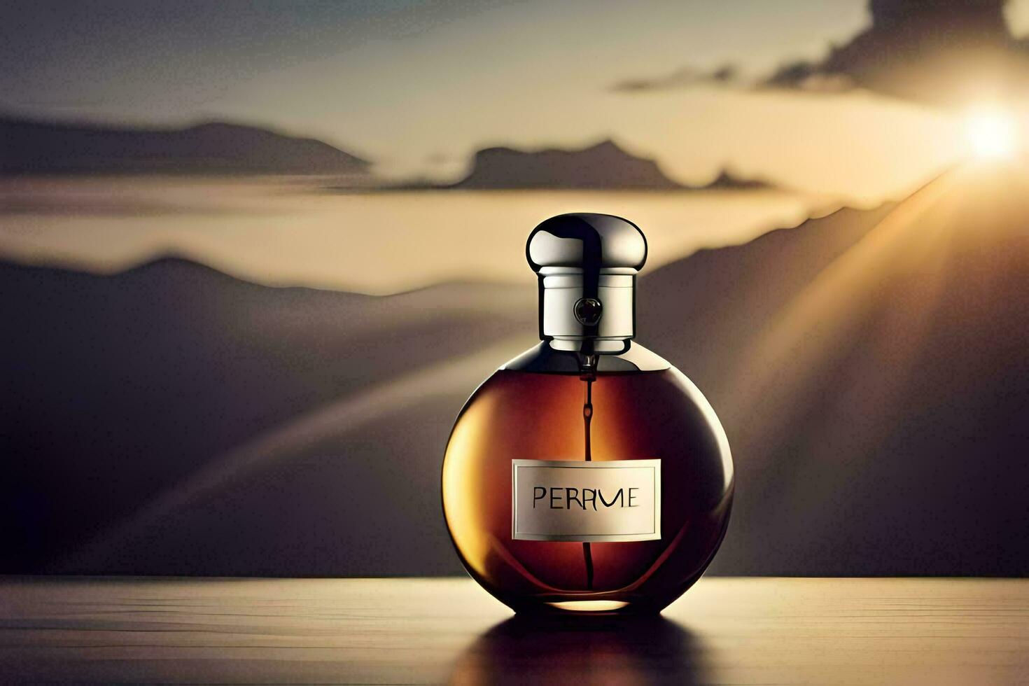 a bottle of perfume sitting on a table with mountains in the background. AI-Generated photo