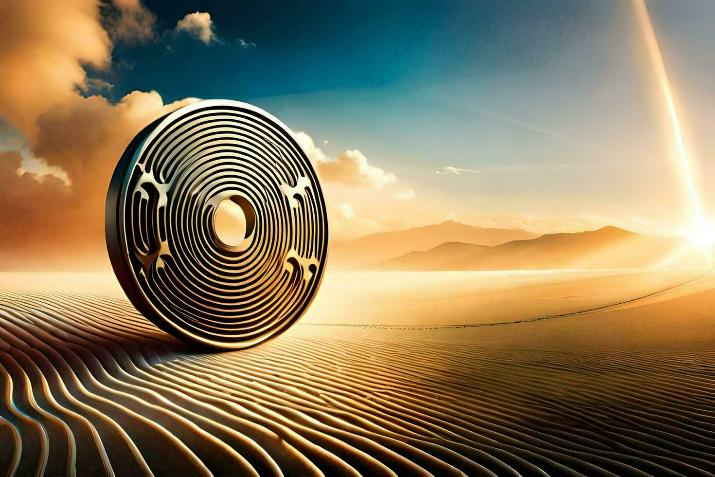 a coin in the desert with a sun setting behind it. AI-Generated photo