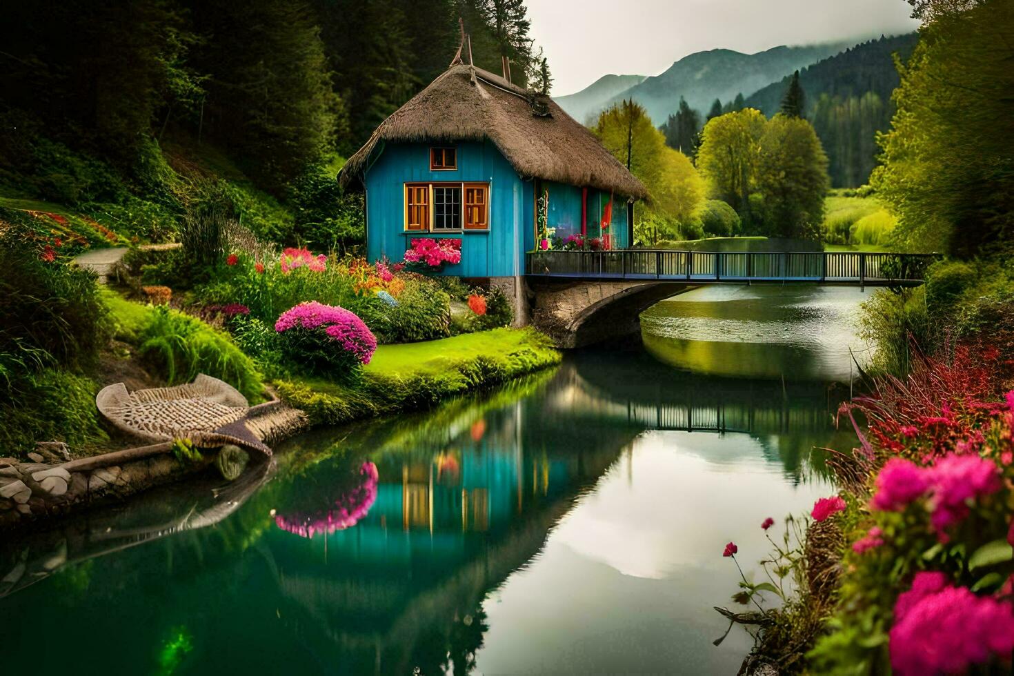a blue house sits on a small bridge over a river. AI-Generated photo