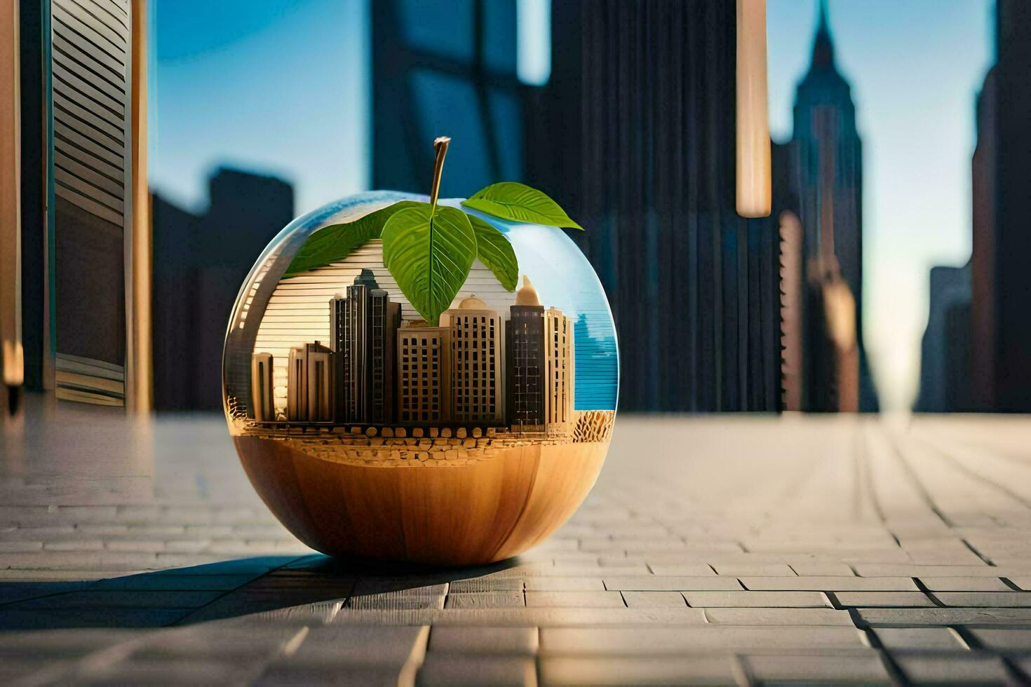 a city in an apple. AI-Generated photo