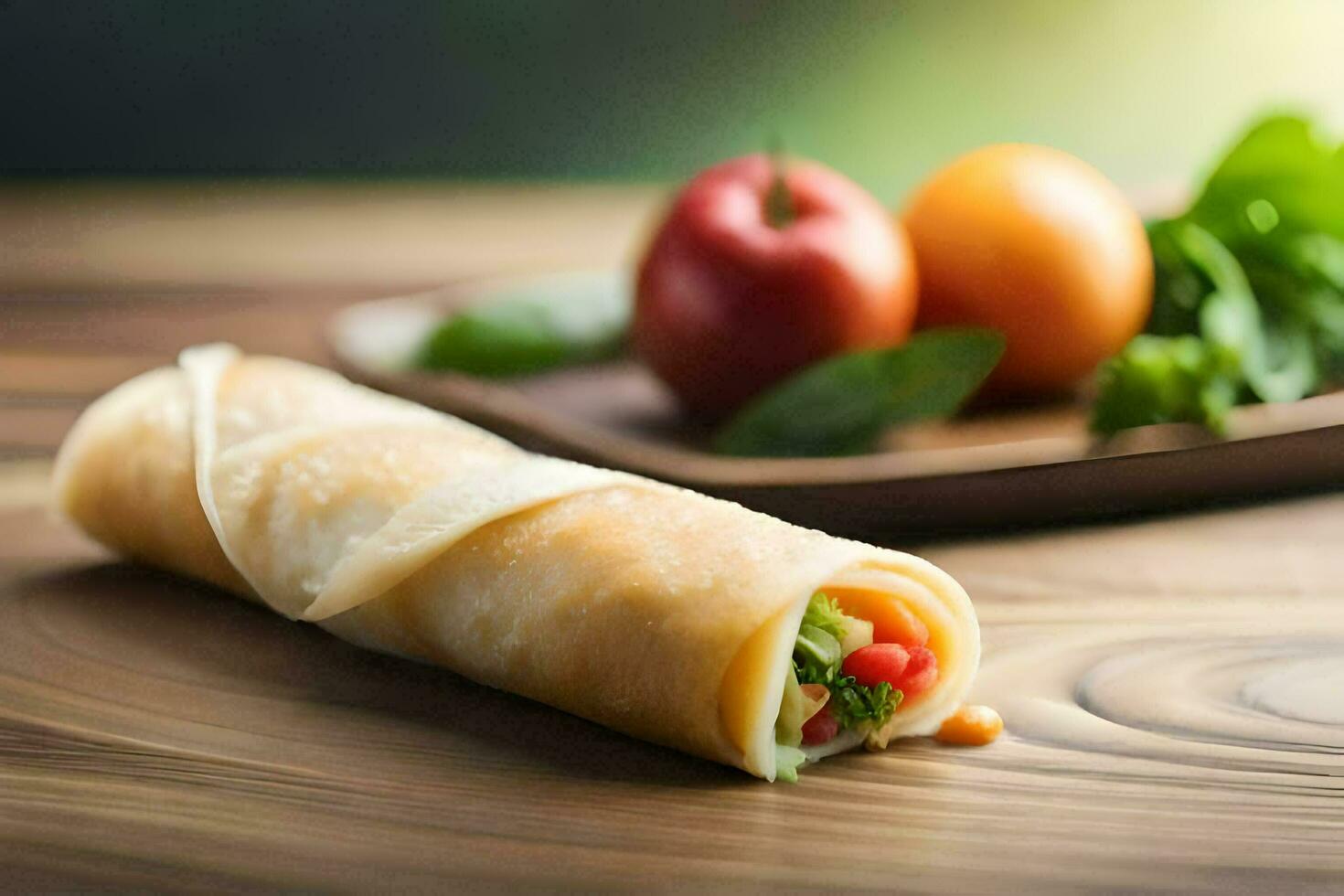 a wrap with vegetables and tomatoes on a wooden table. AI-Generated photo