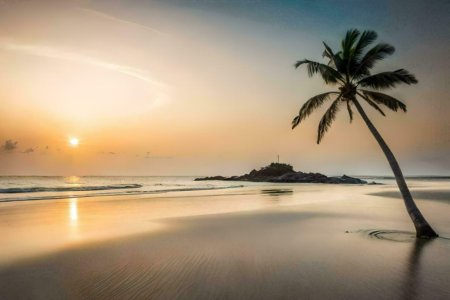 a lone palm tree stands on the beach at sunset. AI-Generated photo