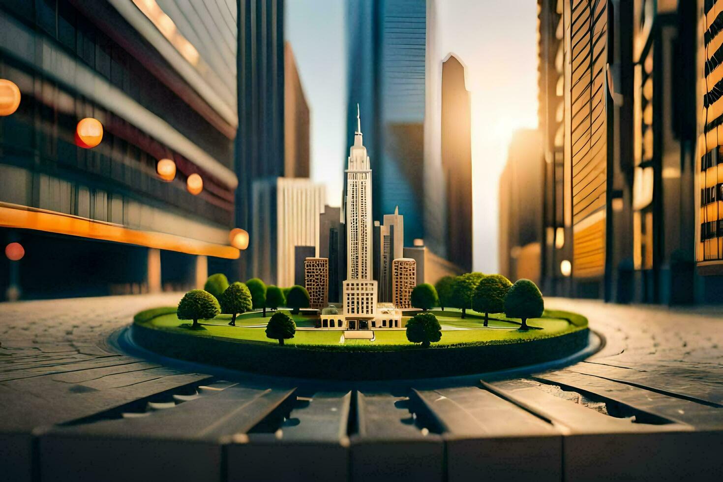 un miniatura ciudad con un edificio en el medio. generado por ai foto