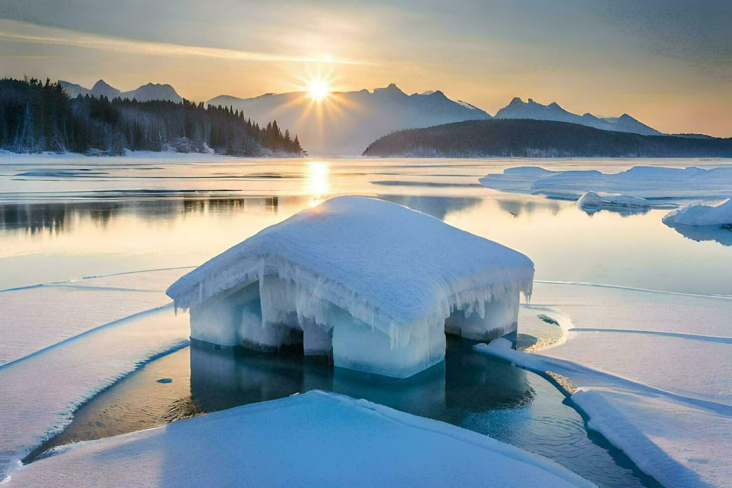 ice house in the middle of the lake at sunset. AI-Generated photo