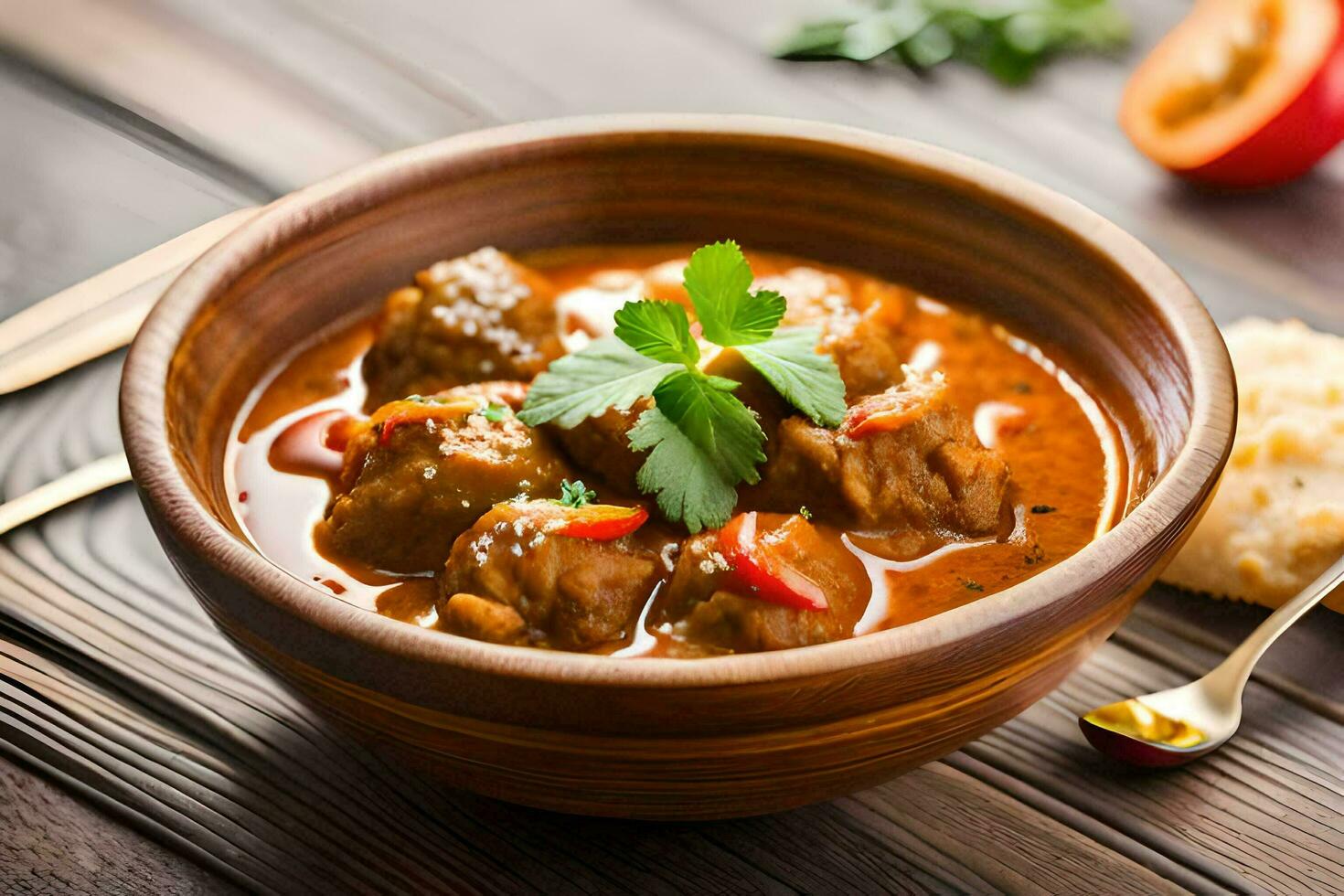meat stew in a bowl with bread and parsley. AI-Generated photo