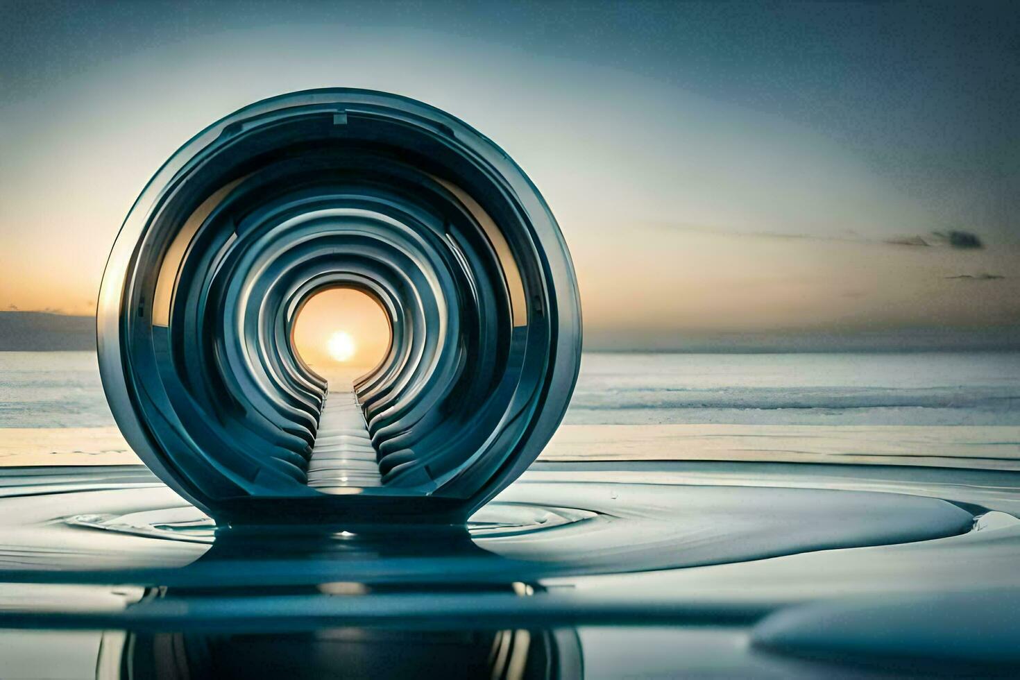 a large circular object in the water with the sun setting behind it. AI-Generated photo