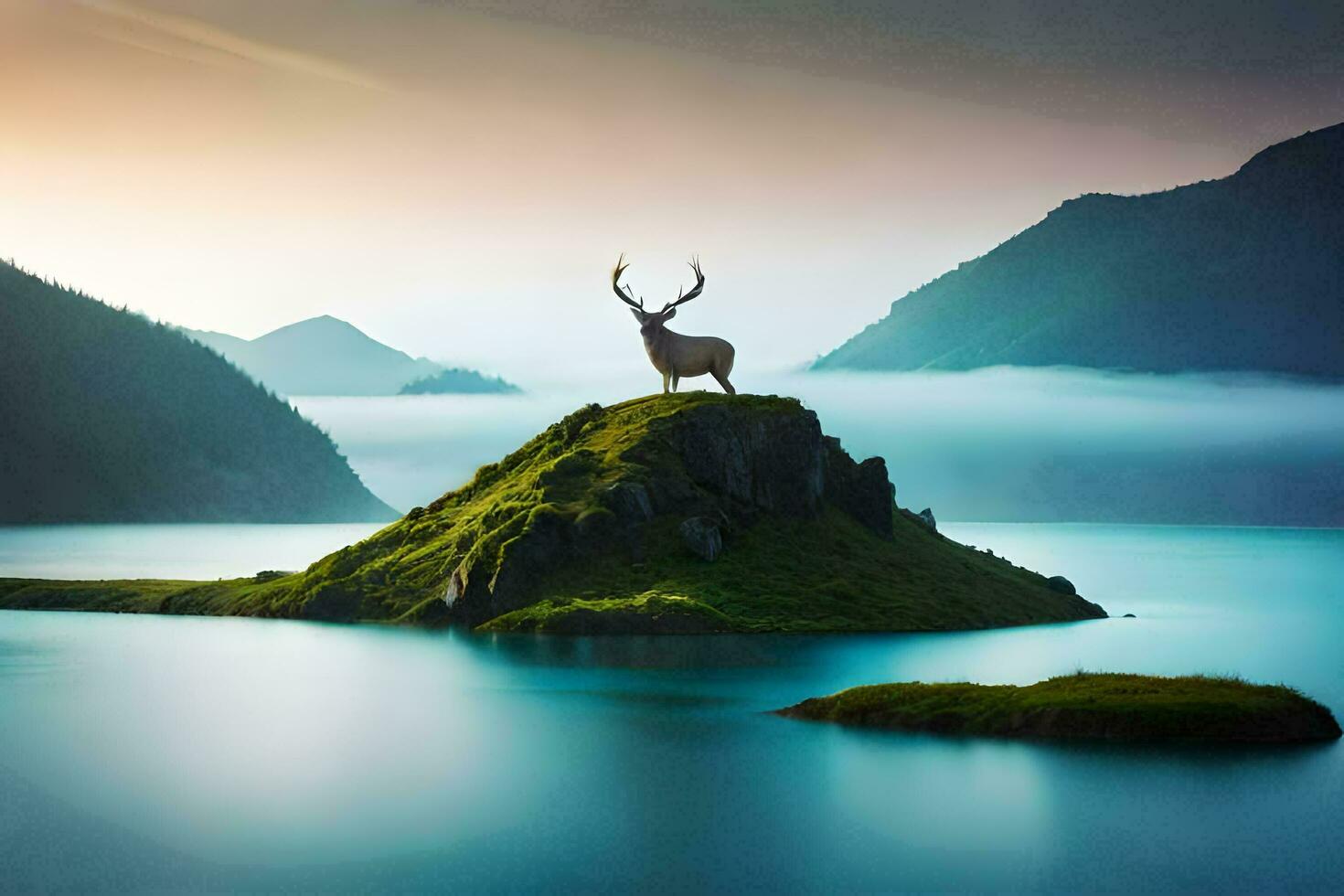 a deer stands on a small island in the middle of a lake. AI-Generated photo