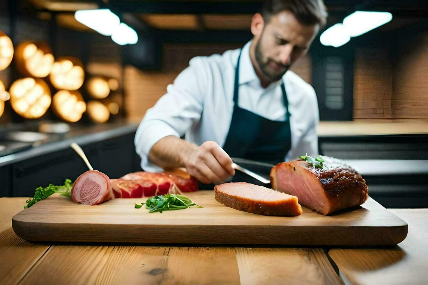 a man is cutting meat on a cutting board. AI-Generated photo