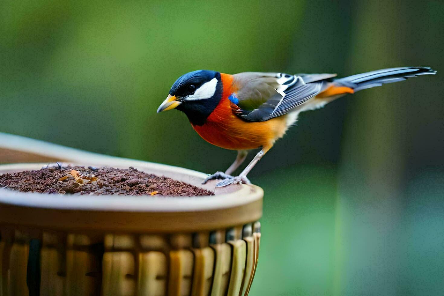 a bird is standing on a wicker basket. AI-Generated photo