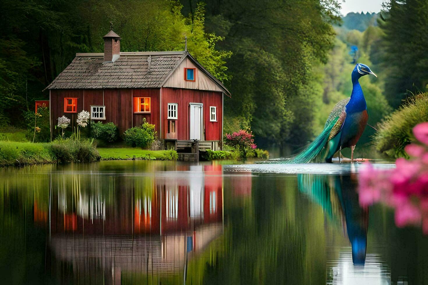 a peacock stands on a pond next to a house. AI-Generated photo