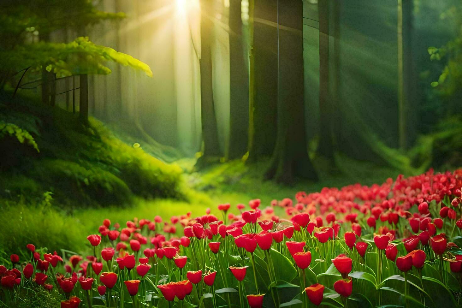 rojo tulipanes en el bosque. generado por ai foto