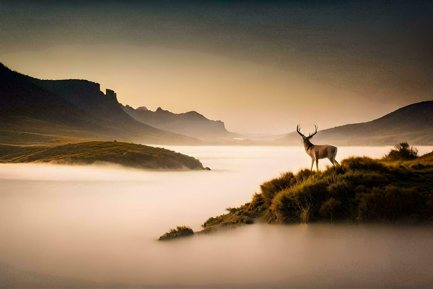 a deer stands on a hill overlooking a valley. AI-Generated photo