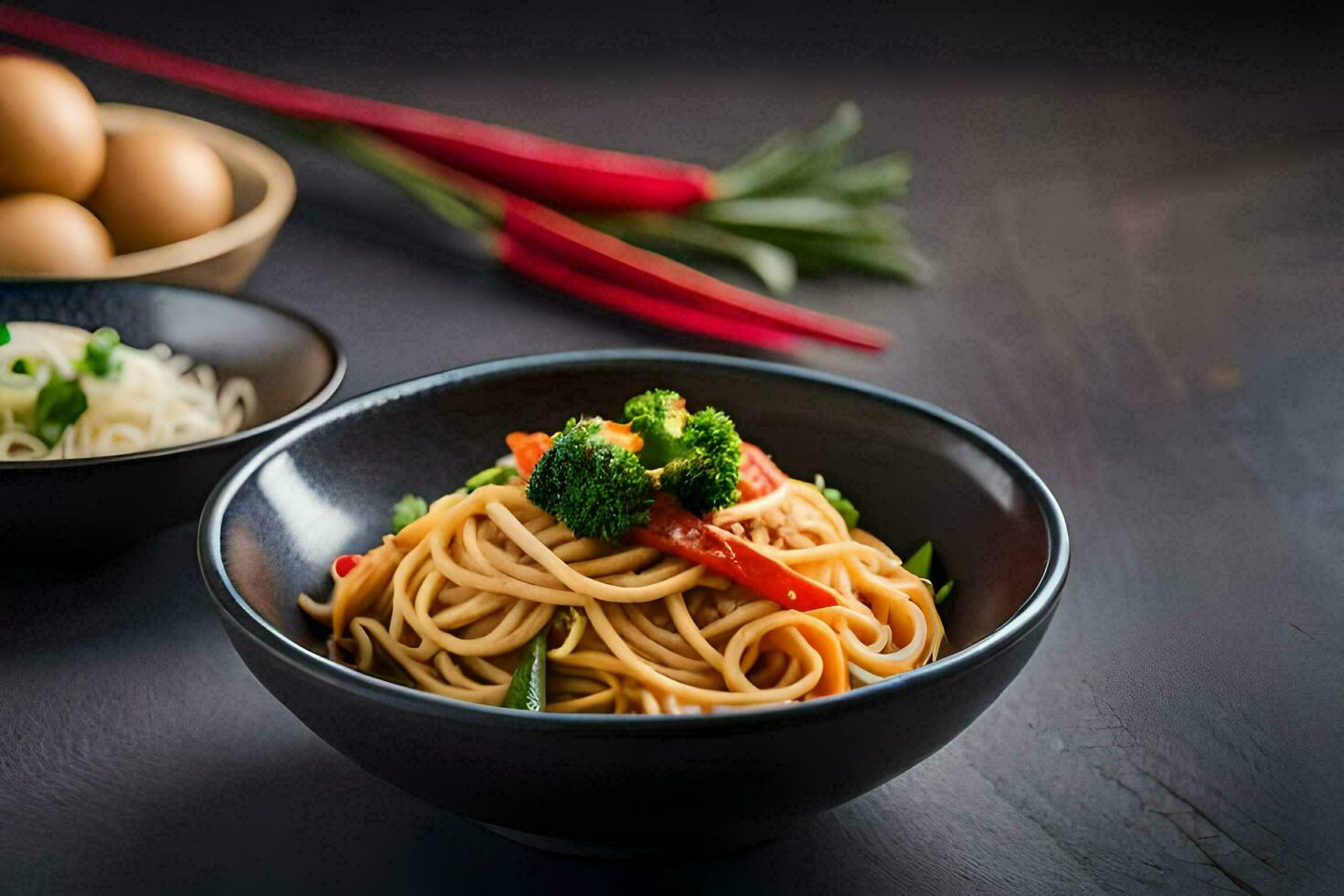 chinese noodles with vegetables and eggs in black bowls. AI-Generated photo