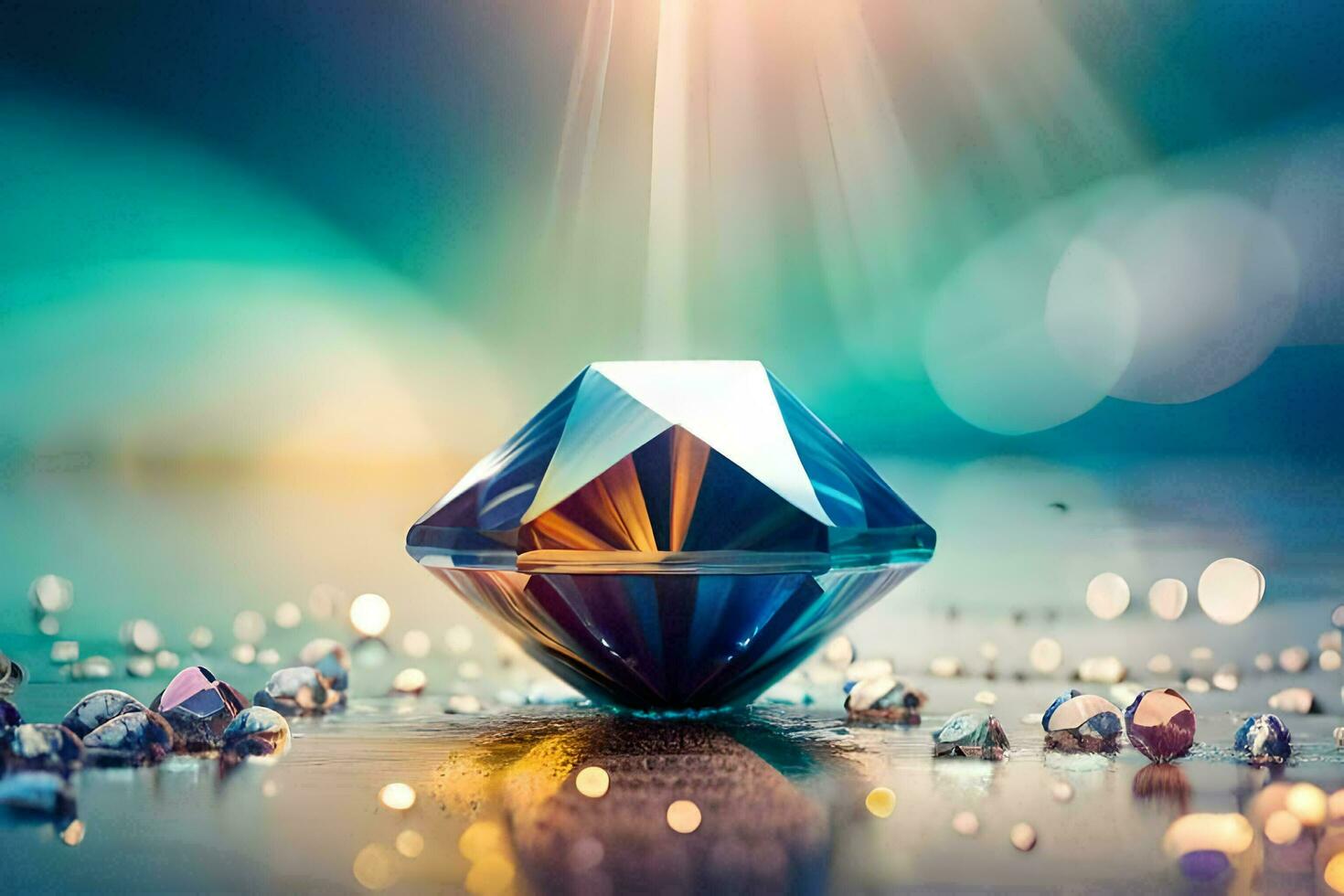 a diamond is shown on a table with sparkling lights. AI-Generated photo