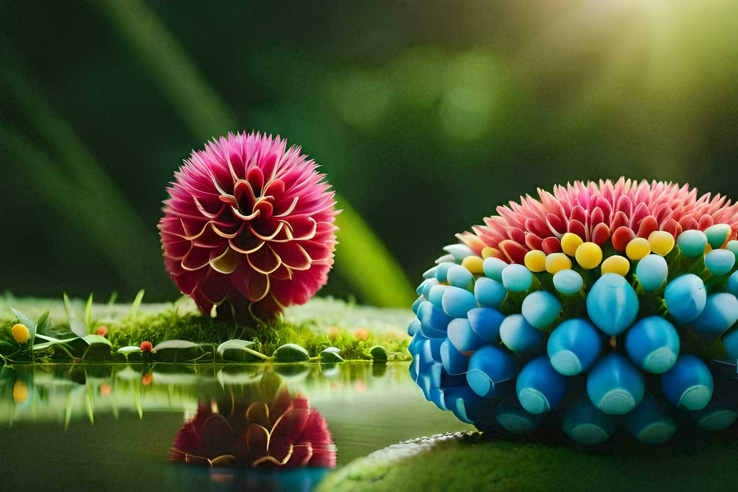 two colorful flowers are sitting on top of a pond. AI-Generated photo