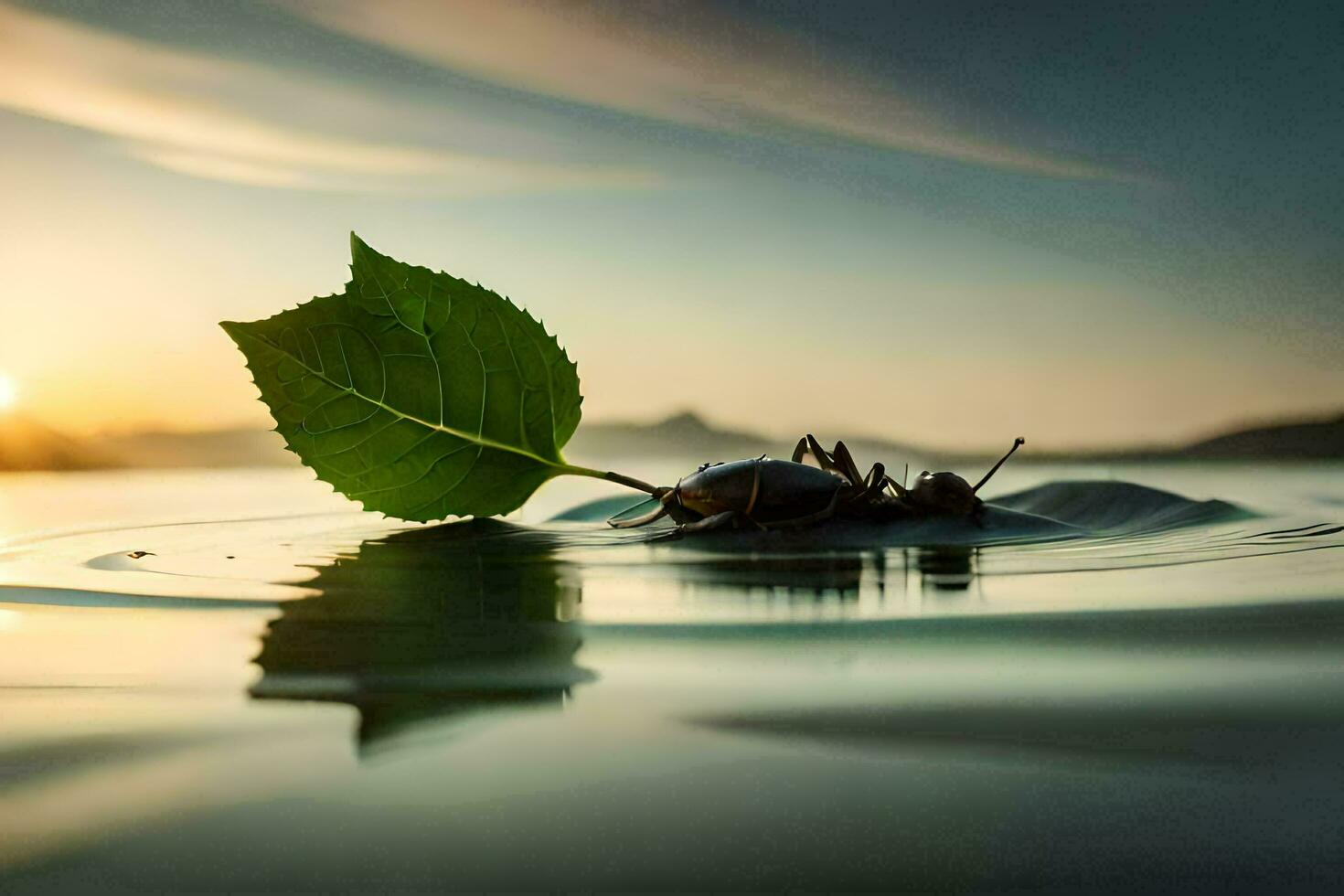 a leaf floating in the water at sunset. AI-Generated photo