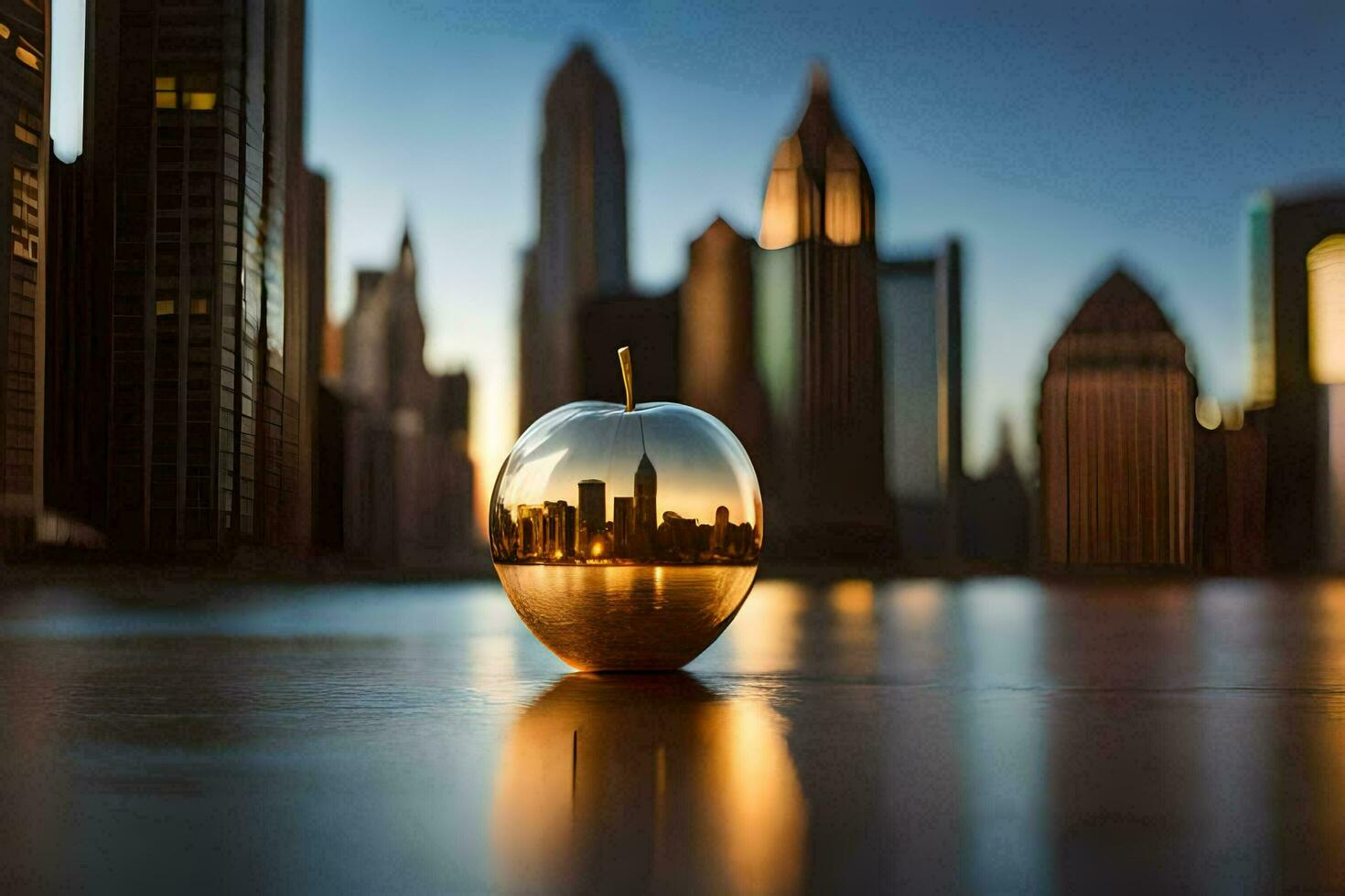 an apple with a city skyline in the reflection. AI-Generated photo