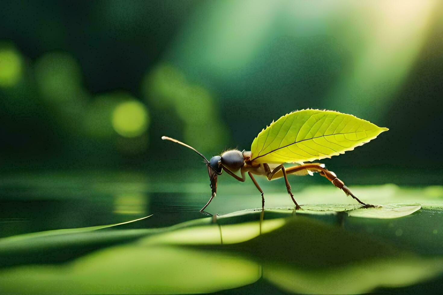 a small insect with a leaf on its back. AI-Generated photo