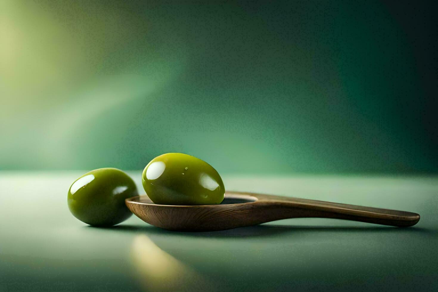 two green olives on a wooden spoon. AI-Generated photo