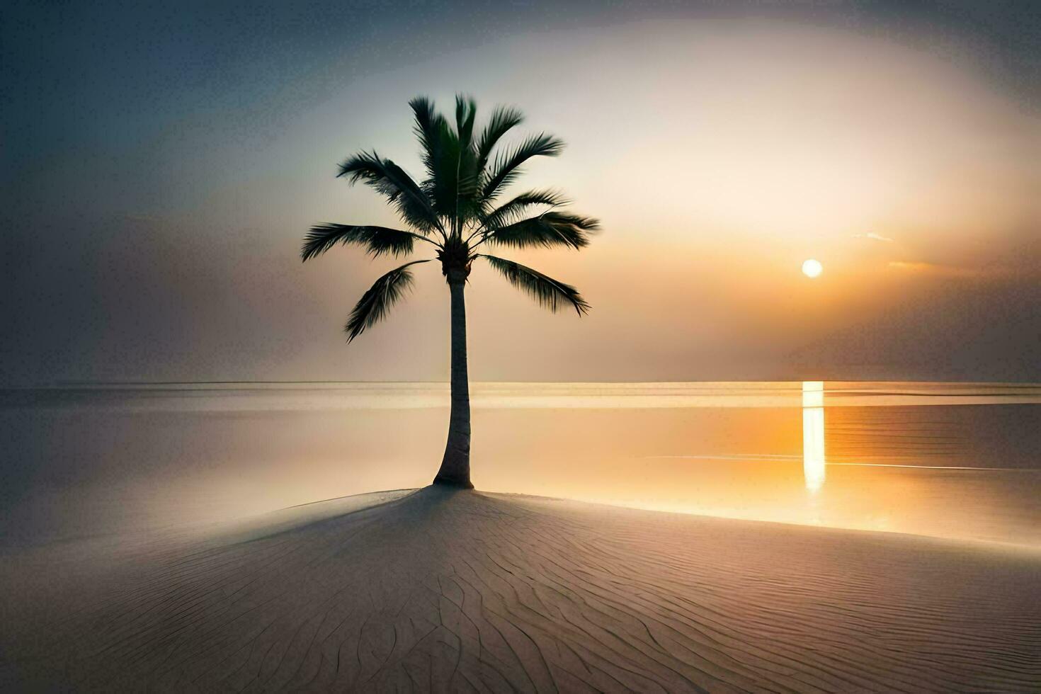 a lone palm tree stands on the beach at sunset. AI-Generated photo