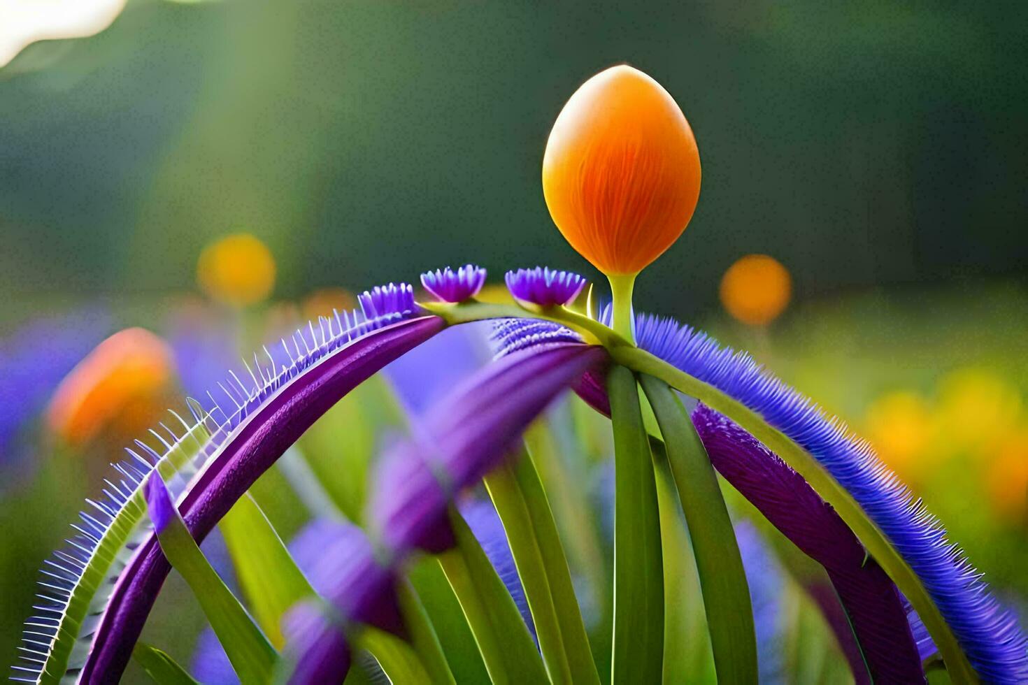 a single orange flower is standing in the middle of a field. AI-Generated photo