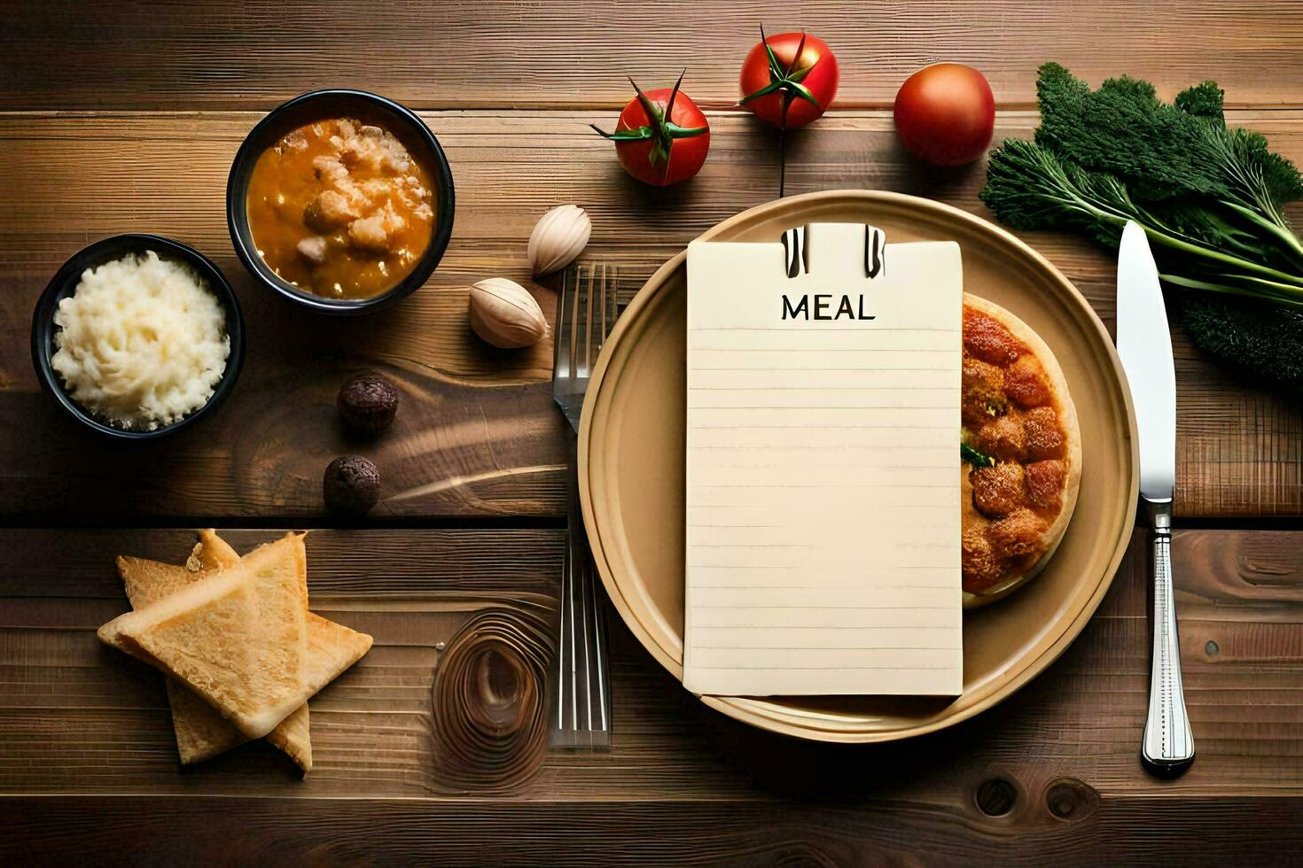 a meal on a wooden table with a notepad and a knife. AI-Generated photo