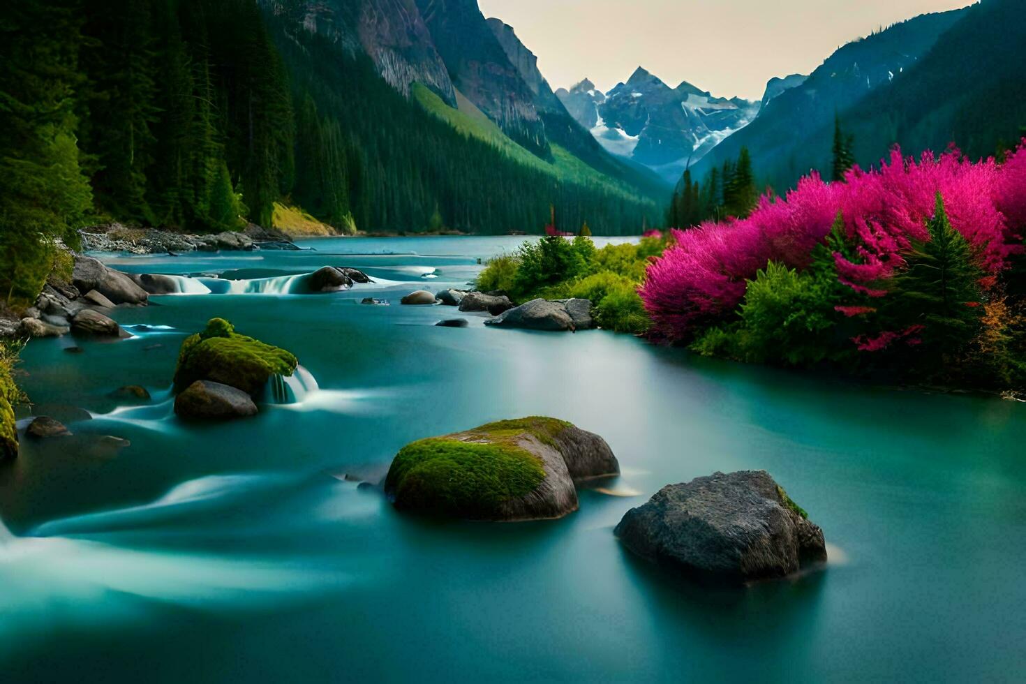 a river flowing through a mountain valley with pink flowers. AI-Generated photo