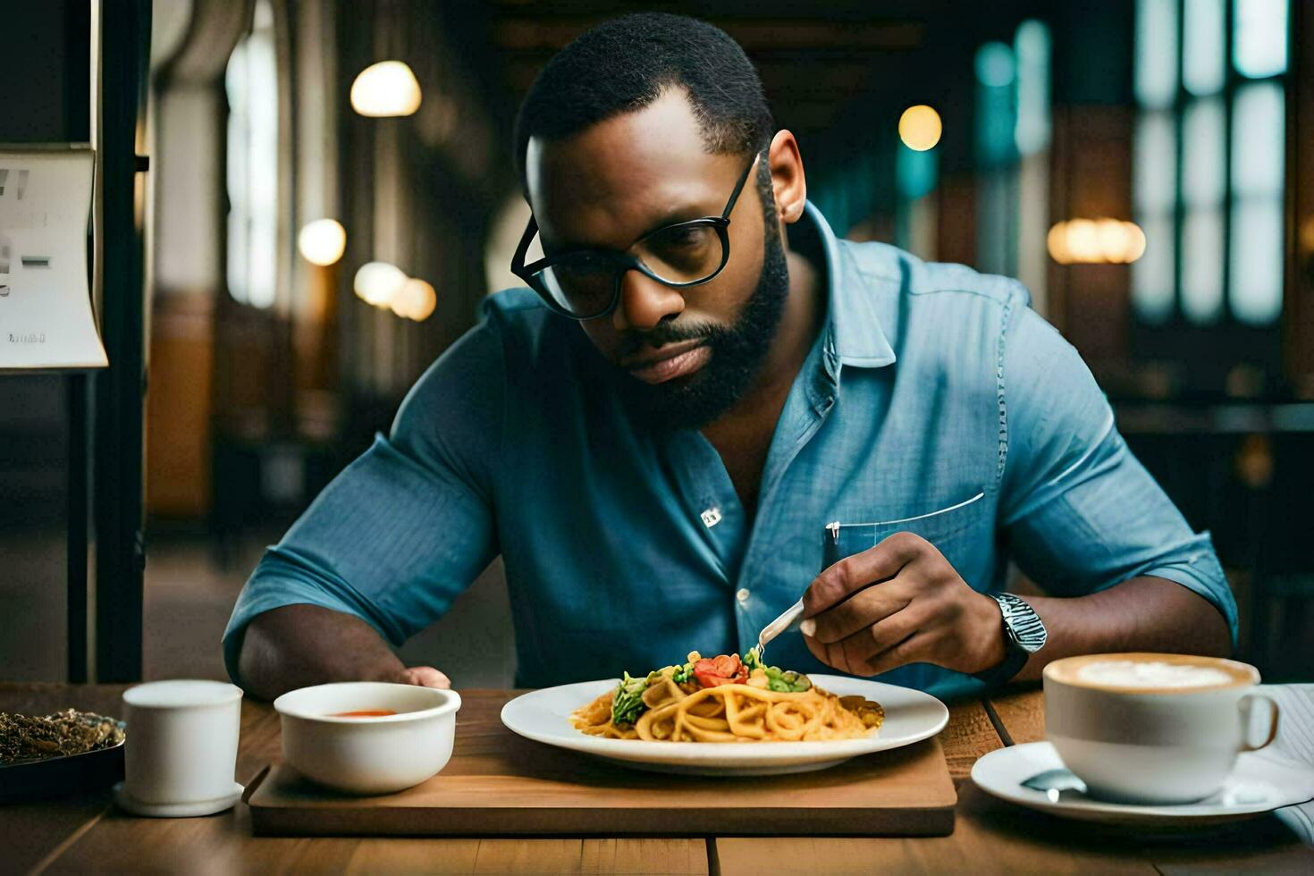 a man with glasses eating pasta and coffee. AI-Generated photo