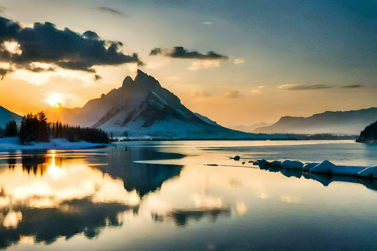 the sun rises over a mountain range in the distance. AI-Generated photo