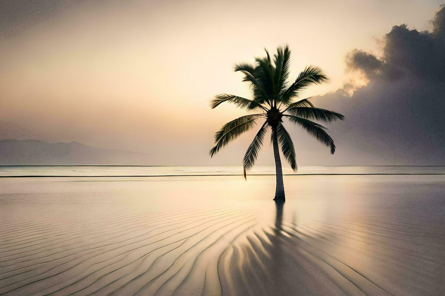 a lone palm tree stands on the beach at sunset. AI-Generated photo