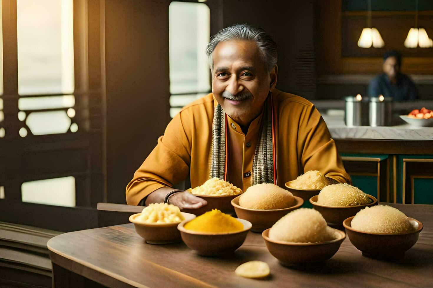 un hombre sentado a un mesa con bochas de alimento. generado por ai foto