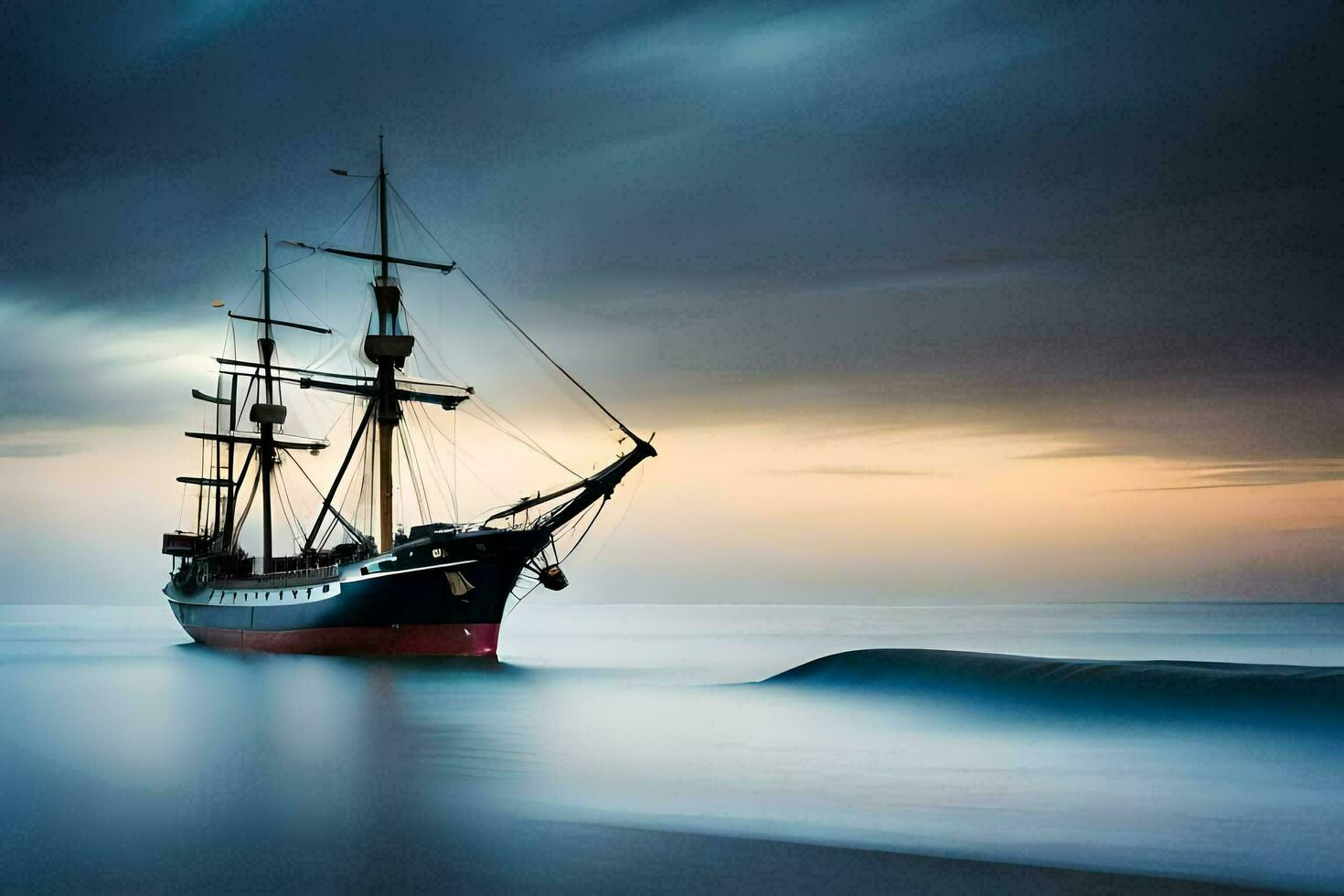 a sailing ship in the ocean at sunset. AI-Generated photo