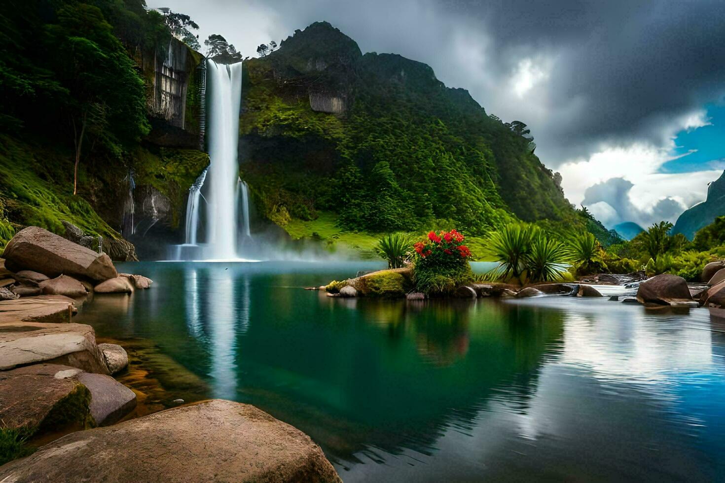 el cascada en el medio de el lago. generado por ai foto