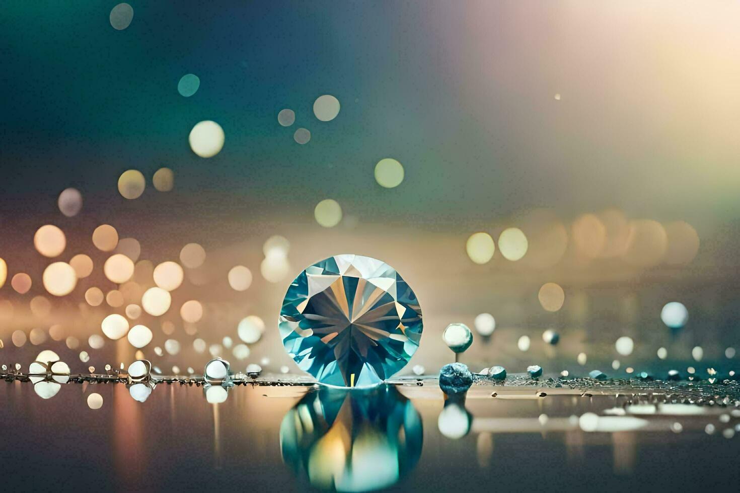 a diamond is sitting on a table with water droplets. AI-Generated photo