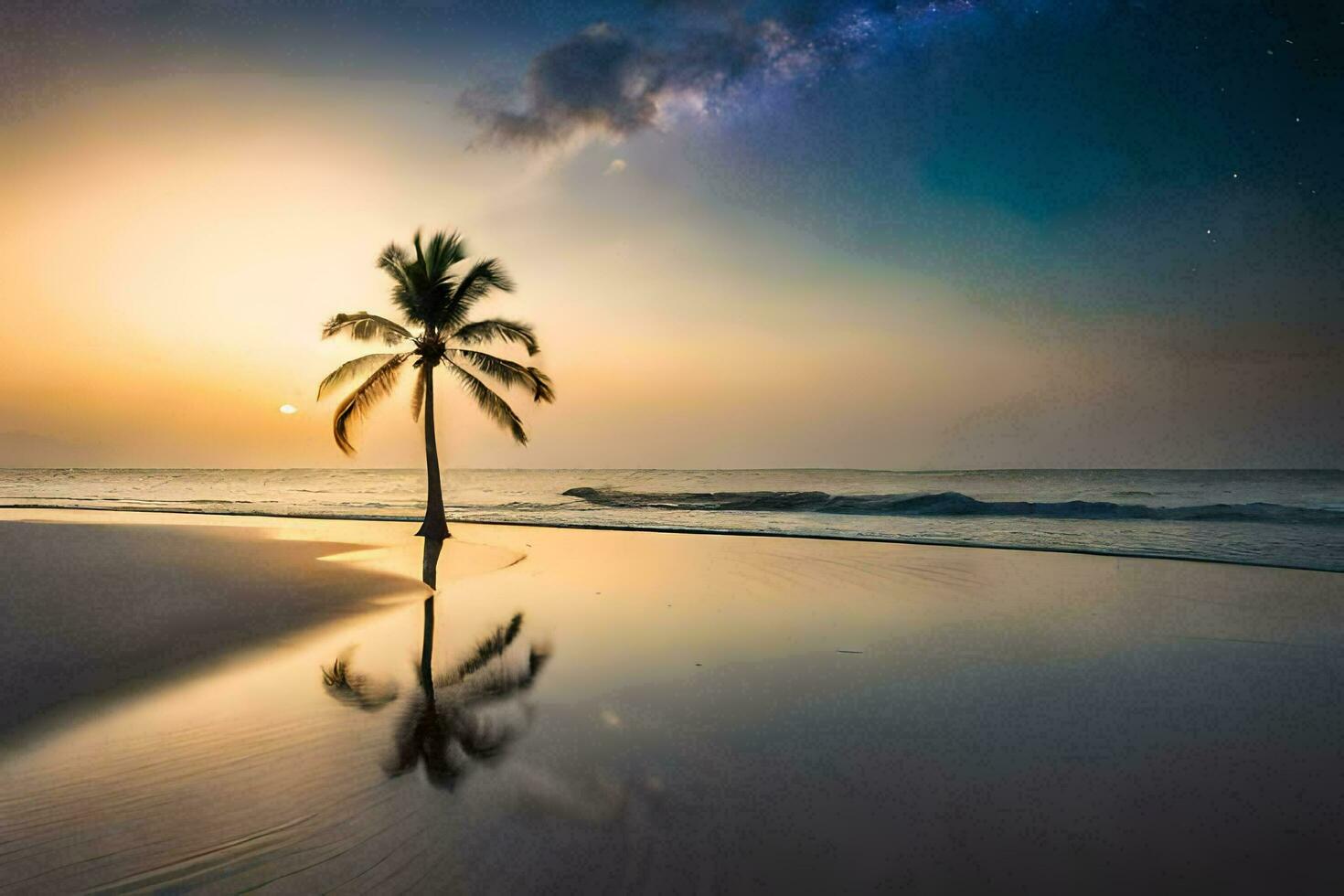 the palm tree on the beach at sunset. AI-Generated photo