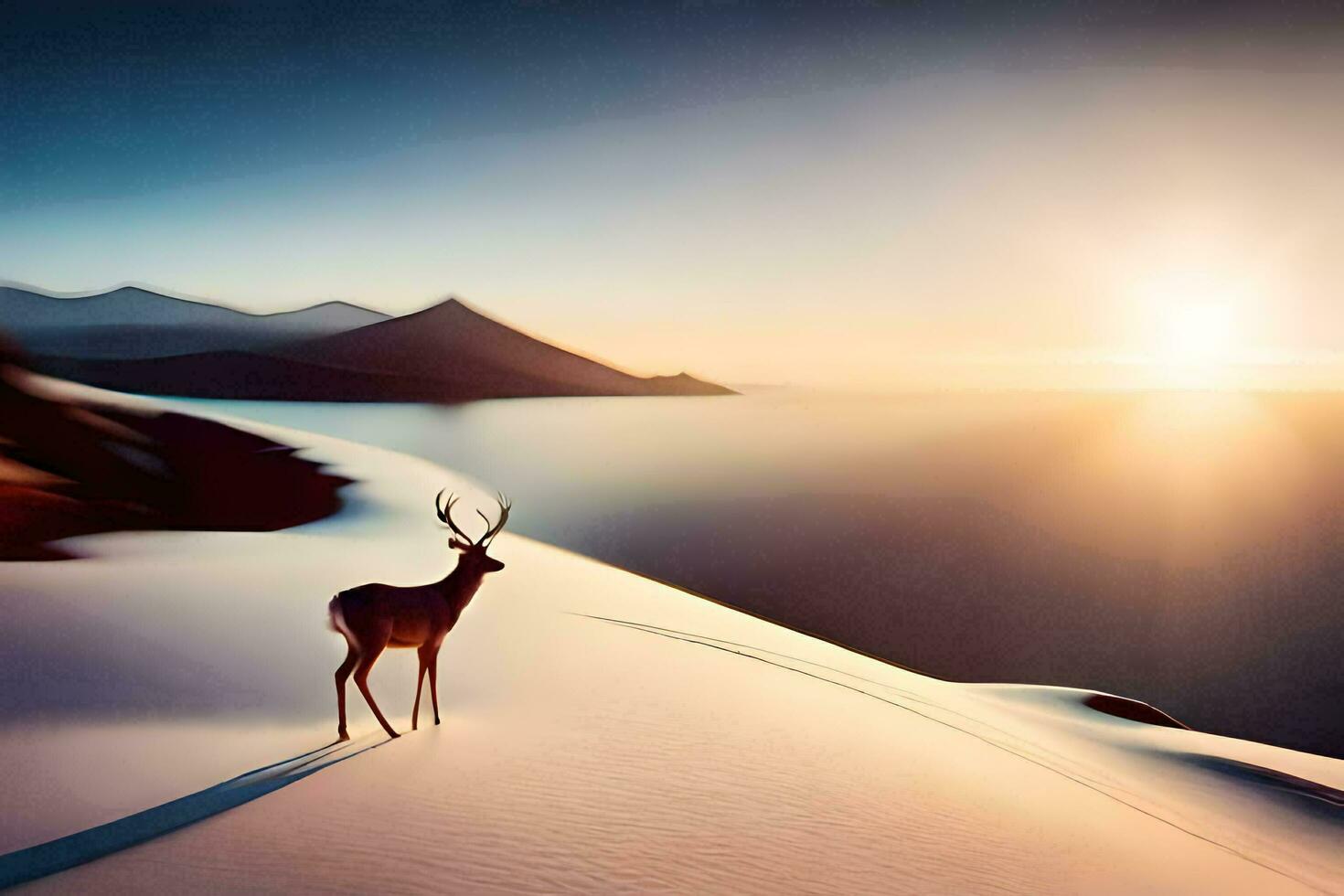 un ciervo soportes en un Nevado ladera a puesta de sol. generado por ai foto