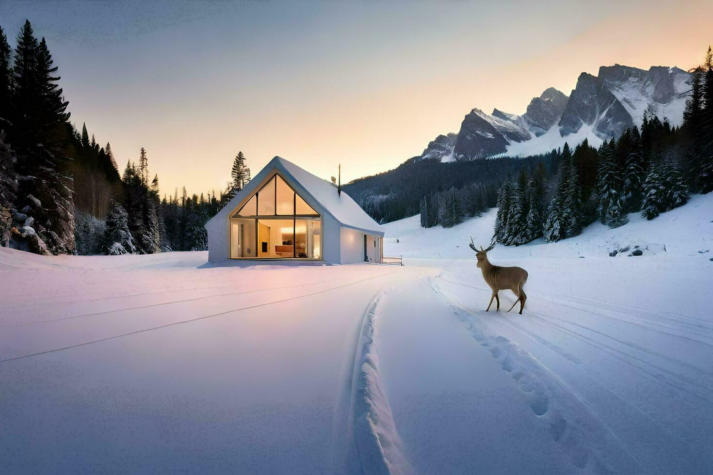 a deer stands in front of a cabin in the snow. AI-Generated photo