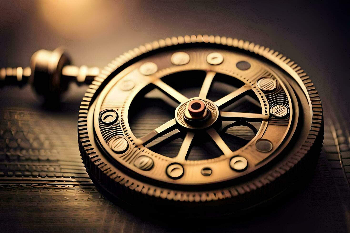 a close up of a clock with a metal wheel. AI-Generated photo