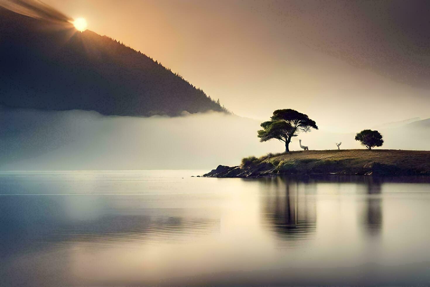 a lone tree stands on the shore of a lake. AI-Generated photo