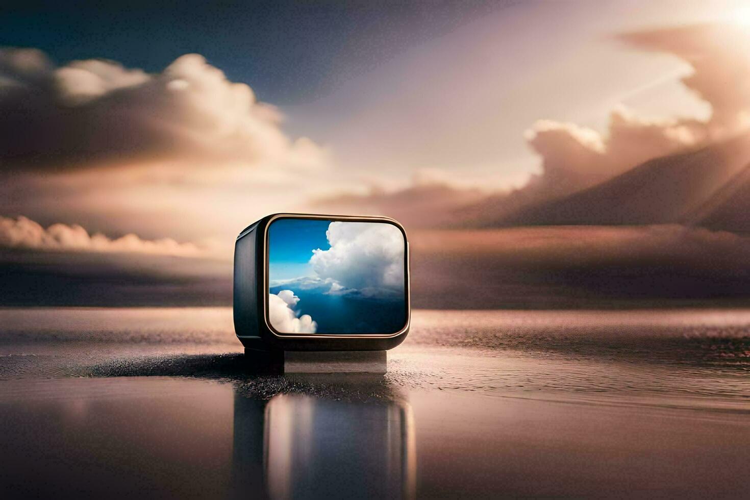 a television with clouds in the sky. AI-Generated photo